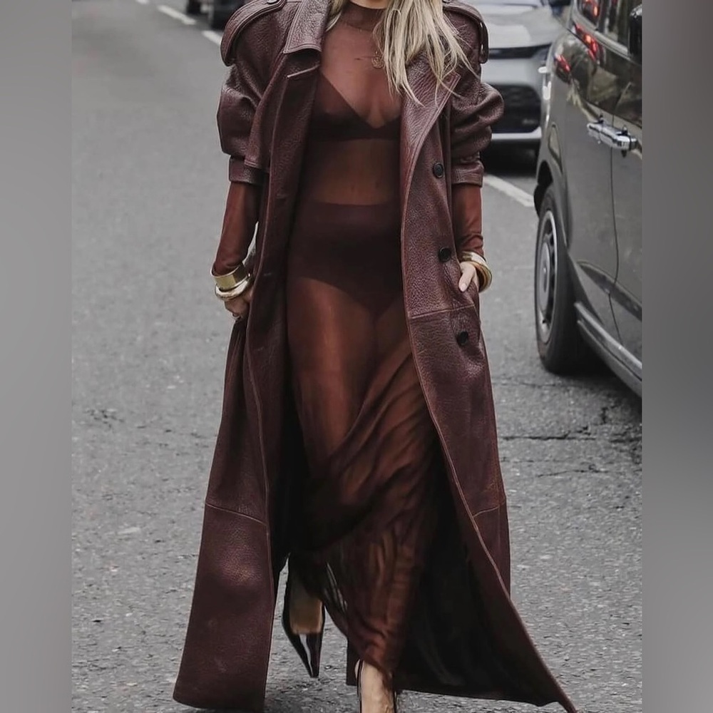 En Cuir Pebbled Leather Trench in Brown / Burgundy 100% Leather VERY OVERSIZED - Picture 4 of 14